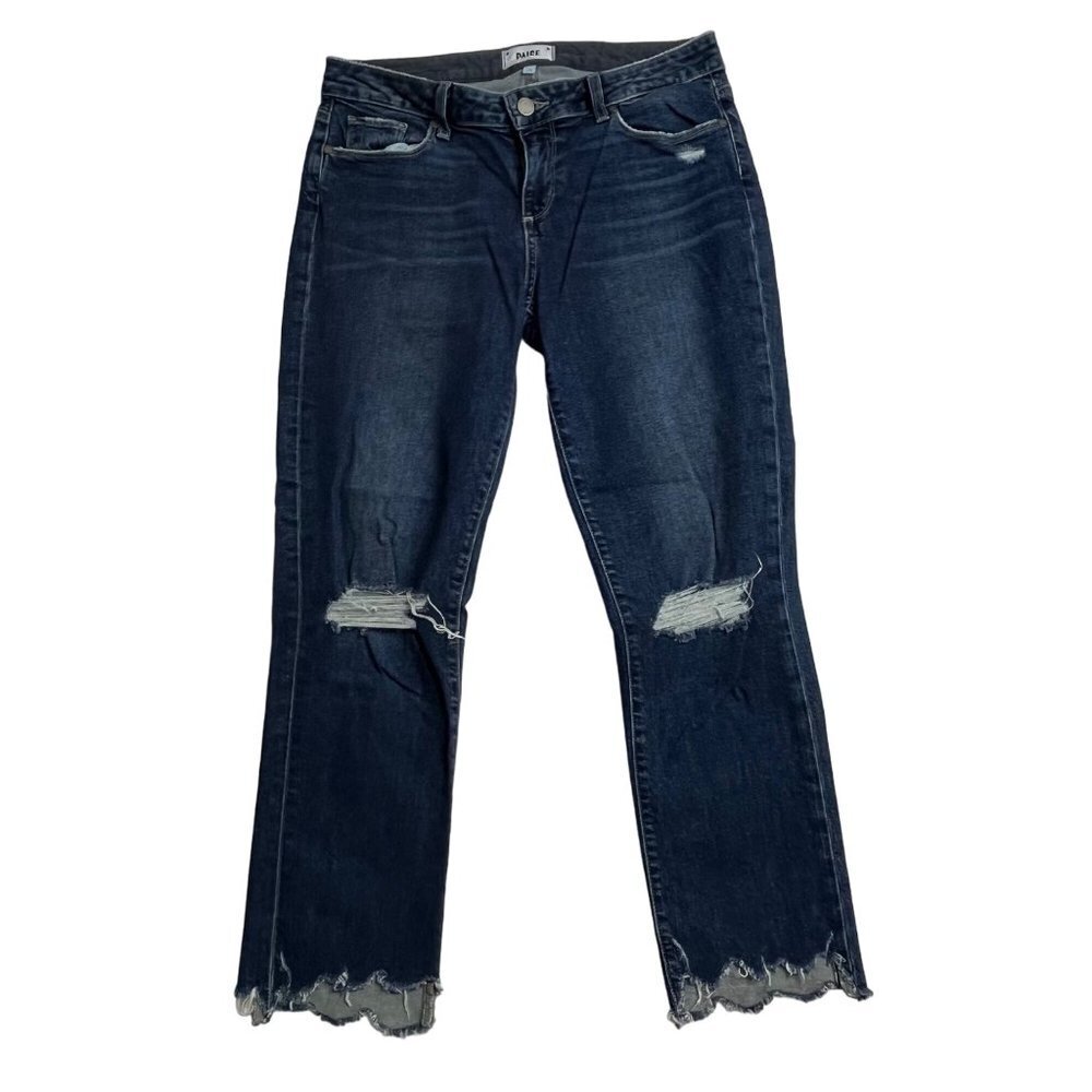 Paige Miki Straight Jeans Destressed Raw‎ Hem Cropped Size 29